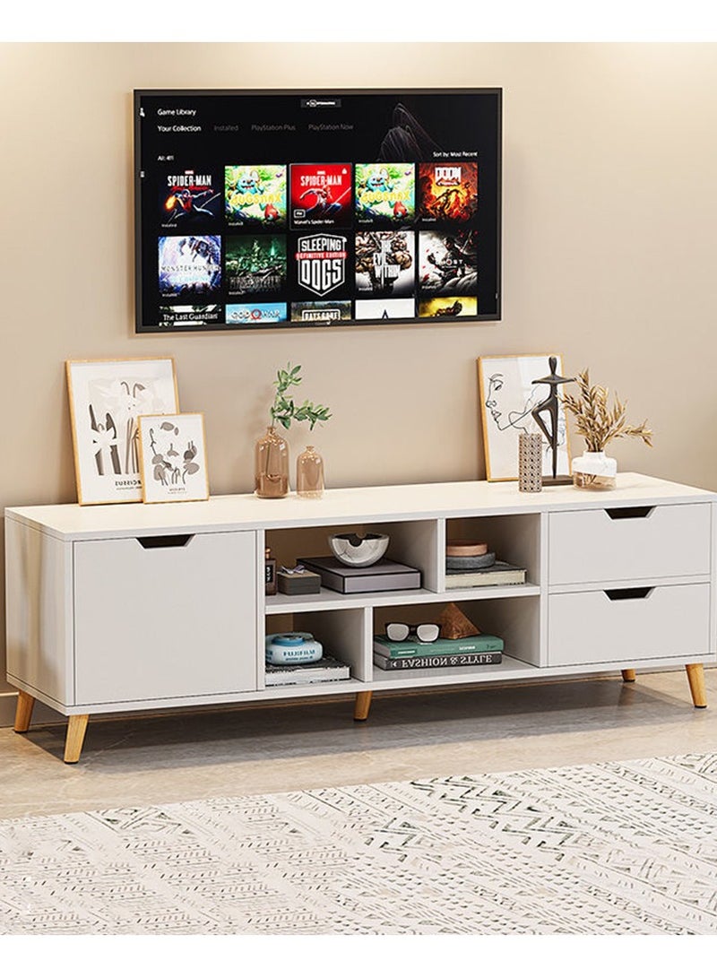  CityRiya-Long طاولة تلفزيون، حامل تلفزيون، خزانة تلفزيون بيضاء، خزانة تلفزيون 140 سم مع تخزين وأدراج، طاولة تلفزيون أثاث غرفة المعيشة، حامل تلفزيون، رفوف تخزين وسائط حديثة - Image 1