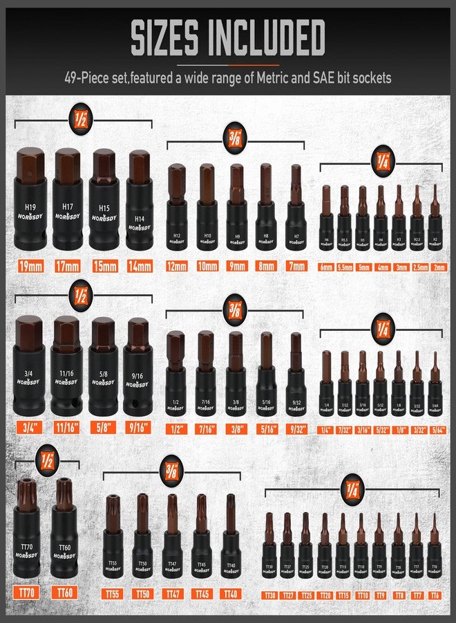 HORUSDY 66-Piece Allen Socket Set - Torx Bit Socket and Female External Socket Set, S2 Steel Socket SAE and MM - Star Star Bits (T8- T70) and Female E-Torx Sockets (E4-E24) | 4 Impact Socket Adapter - Image 3