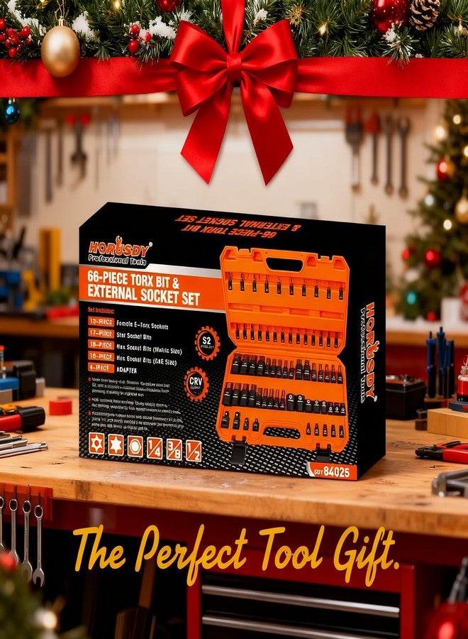 HORUSDY 66-Piece Allen Socket Set - Torx Bit Socket and Female External Socket Set, S2 Steel Socket SAE and MM - Star Star Bits (T8- T70) and Female E-Torx Sockets (E4-E24) | 4 Impact Socket Adapter - Image 2