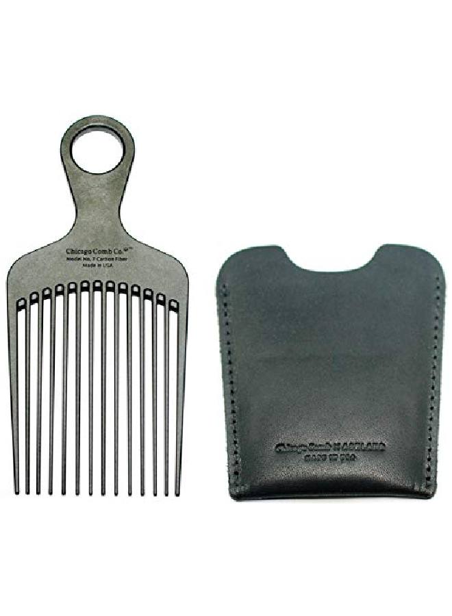 Chicago Comb No. 7 Carbon Fiber + Horween Dublin Black Leather Sheath Made In Usa Detangling Pick & Lift Comb Men & Women Long Curly & Thick Hair Big Beards & Afros Antistatic 6" (15 Cm) Long - Image 1
