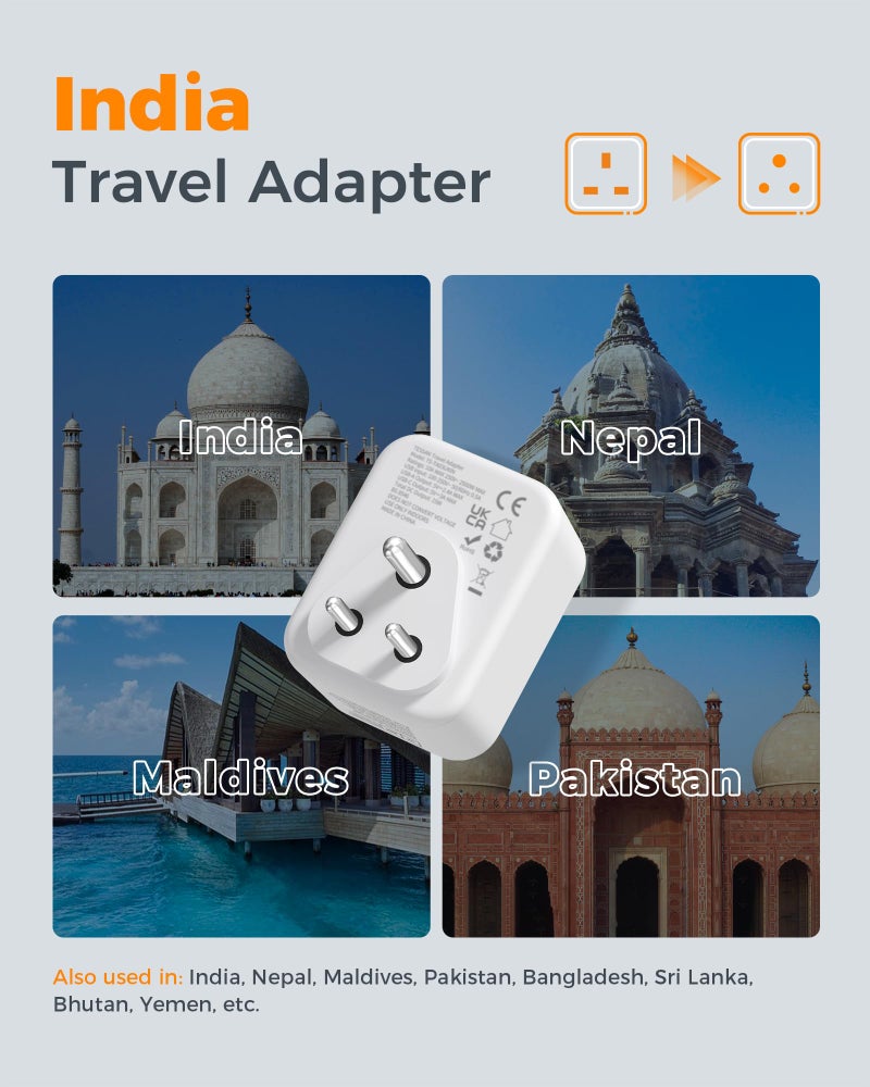TESSAN UK to India Plug Adapter, Type D India Travel Adapter with USB C - Image 2