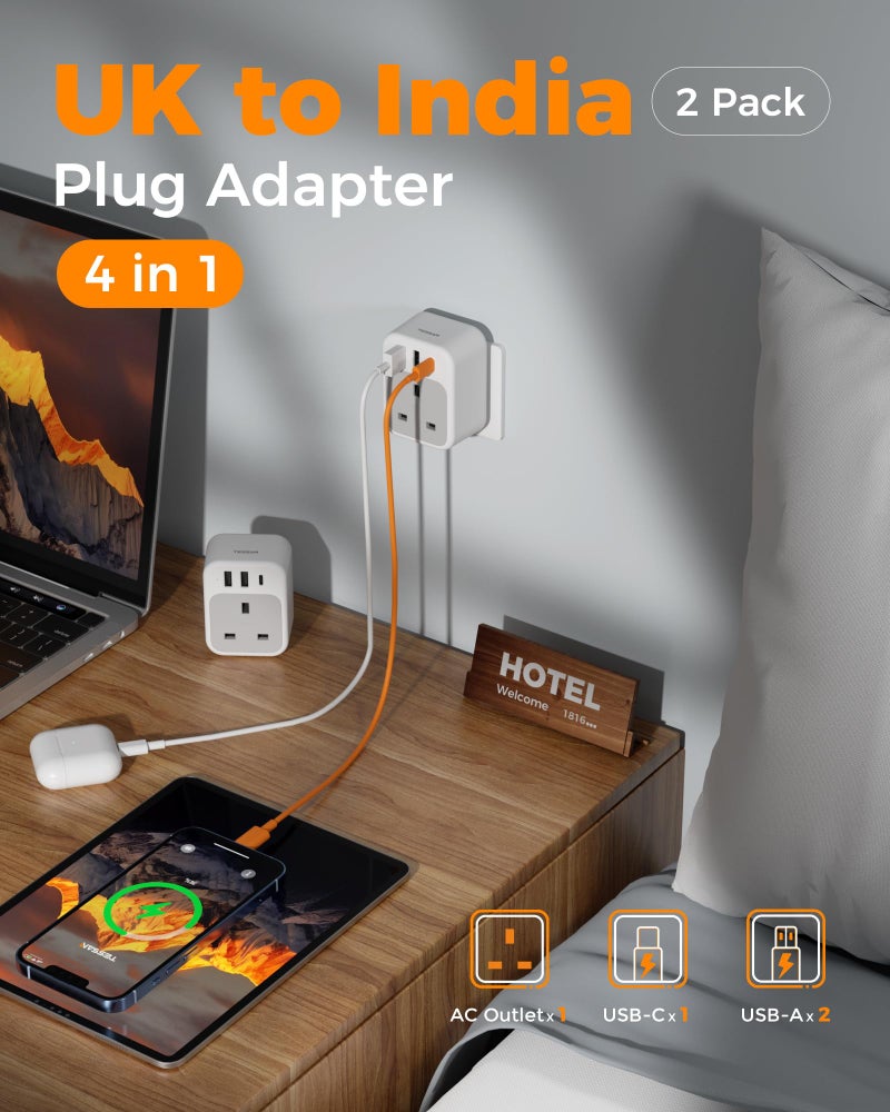 TESSAN UK to India Plug Adapter, Type D India Travel Adapter with USB C - Image 3