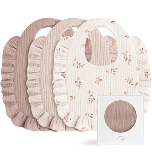 Konssy Muslin Baby Bibs for Girls Soft 100 Cotton Drool Bibs Ruffle Trim for Newborns Toddlers 036 Months 3Pack - Image 1
