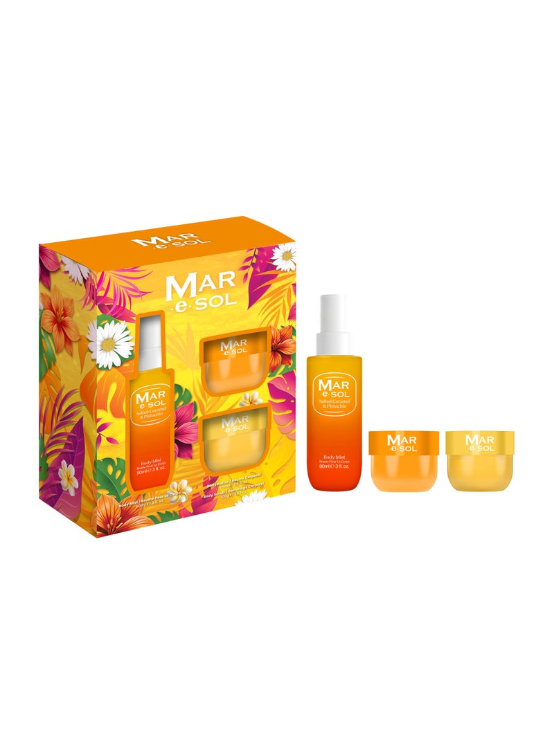 Mar.e.SOL Salted Caramel & Pistachio Gift Set – Body Mist 90ml + Body Scrub 100g + Body Butter 75ml | Sweet & Long-Lasting Women’s Fragrance | Hydrating Body Care Gift Set for Women - Image 1