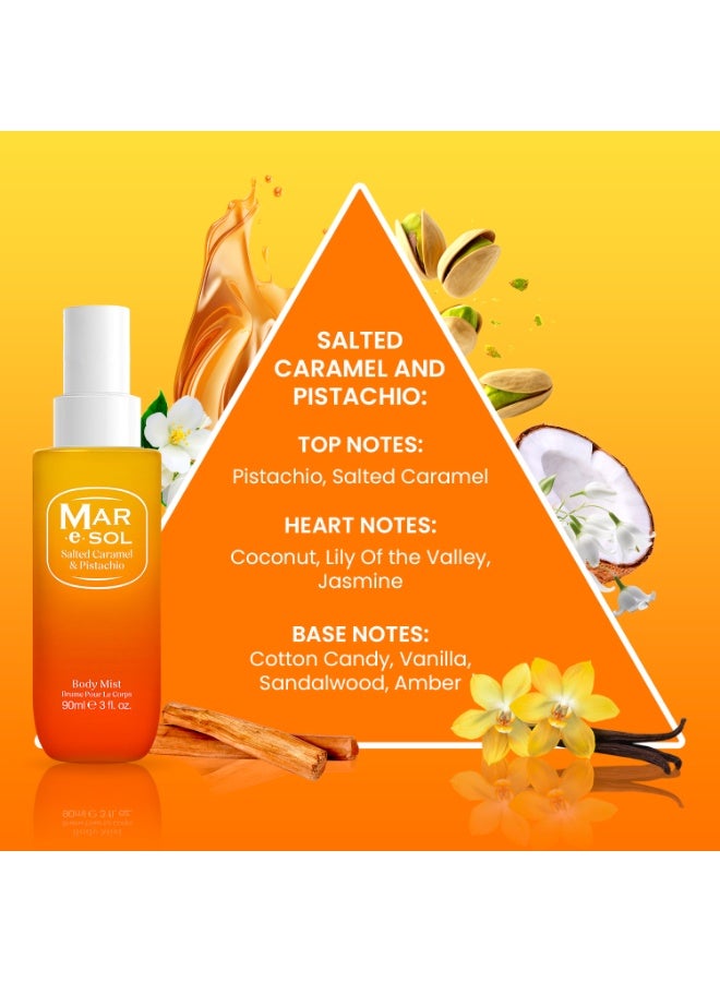 Mar.e.SOL Salted Caramel & Pistachio Gift Set – Body Mist 90ml + Body Scrub 100g + Body Butter 75ml | Sweet & Long-Lasting Women’s Fragrance | Hydrating Body Care Gift Set for Women - Image 2