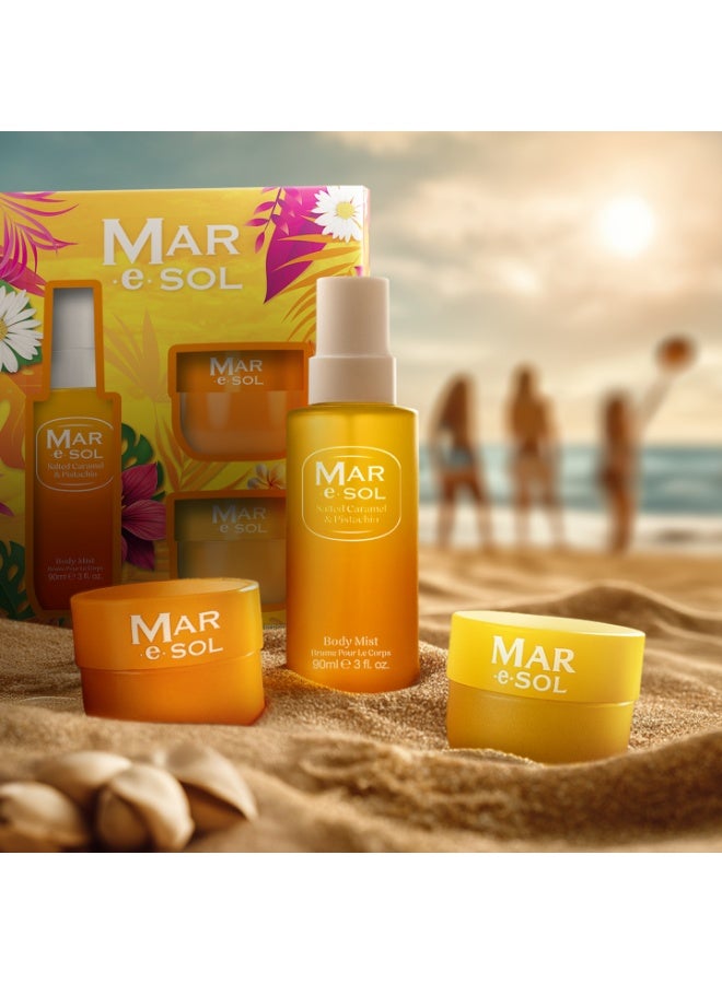 Mar.e.SOL Salted Caramel & Pistachio Gift Set – Body Mist 90ml + Body Scrub 100g + Body Butter 75ml | Sweet & Long-Lasting Women’s Fragrance | Hydrating Body Care Gift Set for Women - Image 5
