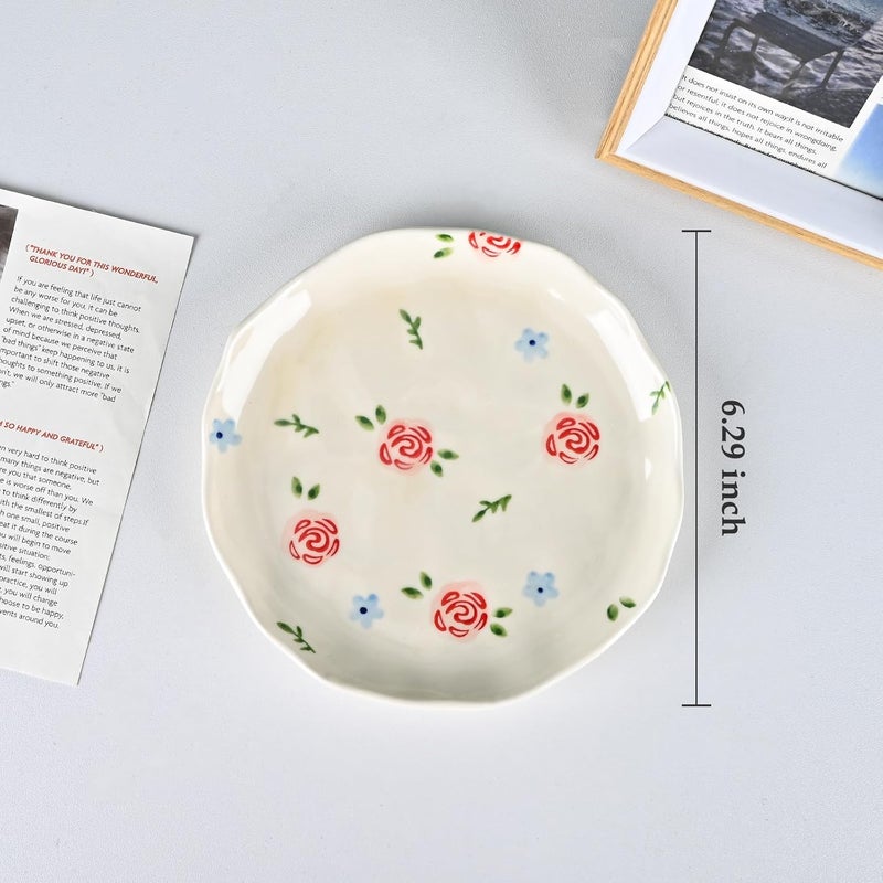 Koythin Ceramic Dessert Plates Cute Fruits Dinner Plate Creative Plates Design Printed Flowers Dinnerware for Office and Home Kitchen Plates for Desserts Rose Blue Flower - Image 2