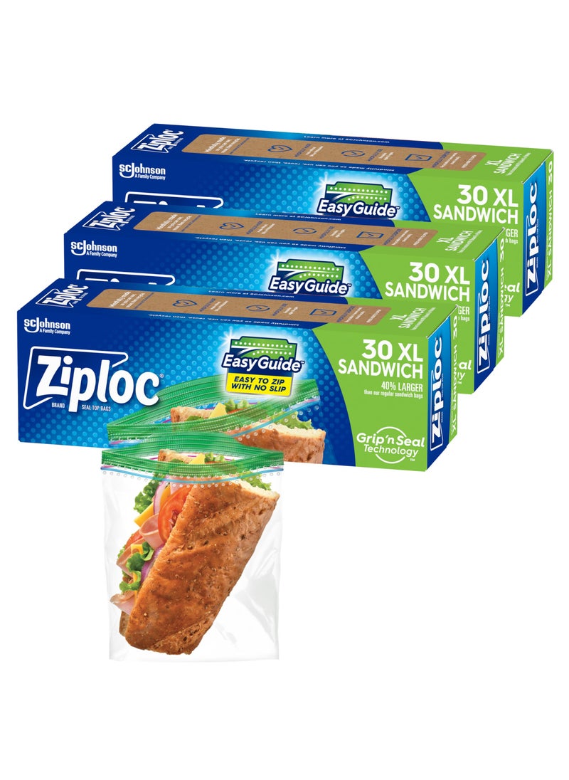 Ziploc Ziploc XL Sandwich and Snack Bags with EasyGuide Texture, Plastic Storage Bags with Grip 'n Seal Technology, 90 Bags Total  - Image 1