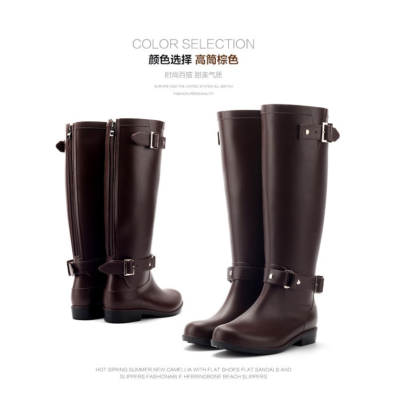 Fashion High-Top Rain Boots Red Zipper Womens Waterproof Martens Brown 