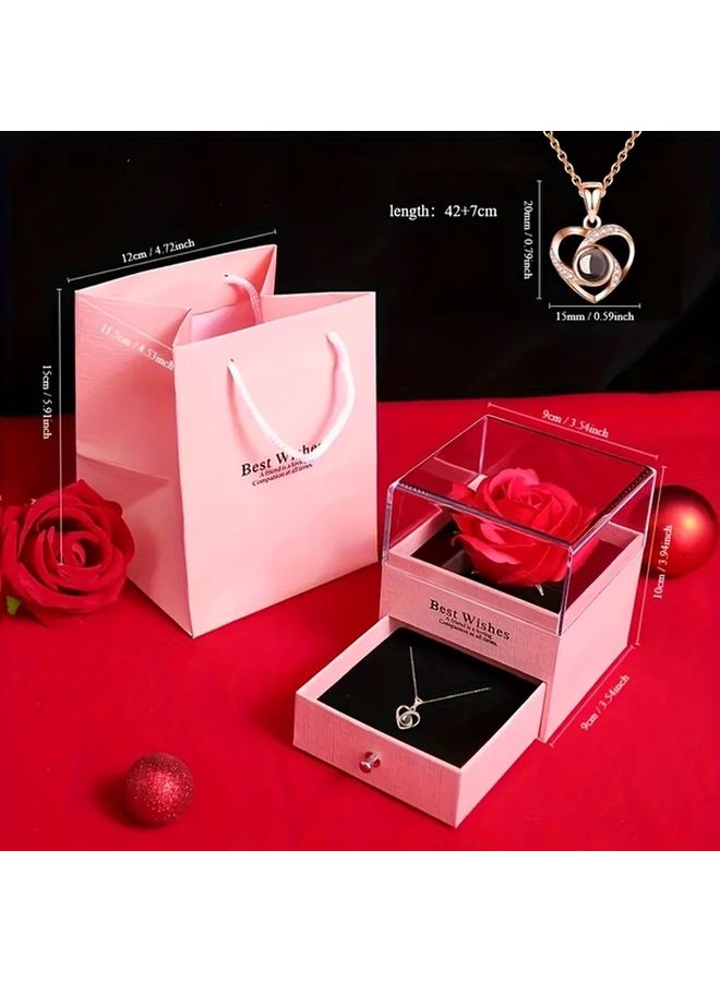 Pink Artificial Rose Flower With I Love You Necklace Gift Set For Mother Day Valentine - Image 1