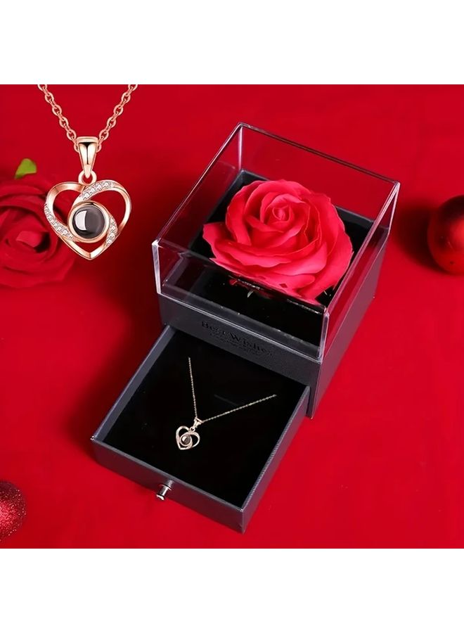 Pink Artificial Rose Flower With I Love You Necklace Gift Set For Mother Day Valentine - Image 2