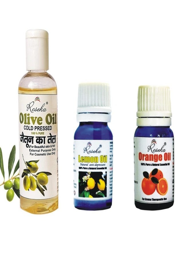 Roseka Essential Oil Orange & Lemon/Olive Essential Oil Combo Set Each - 100% Pure, Natural & Undiluted Refreshing Essential Oil Kit Aromatharapy Pack of 3 (100+10+10 ml) - Image 1