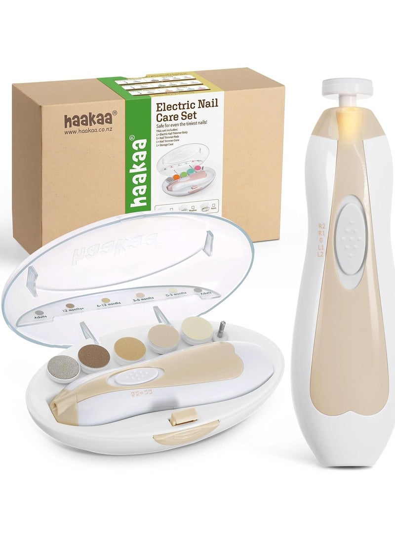 haakaa Baby Nail Care Electric Baby Nail File Kit with LED Light, Baby Nail Clippers for Newborn/Infants/Adults Toenails and Fingernails, 6 Replacement Heads & Storage Case, Acorn - Image 1