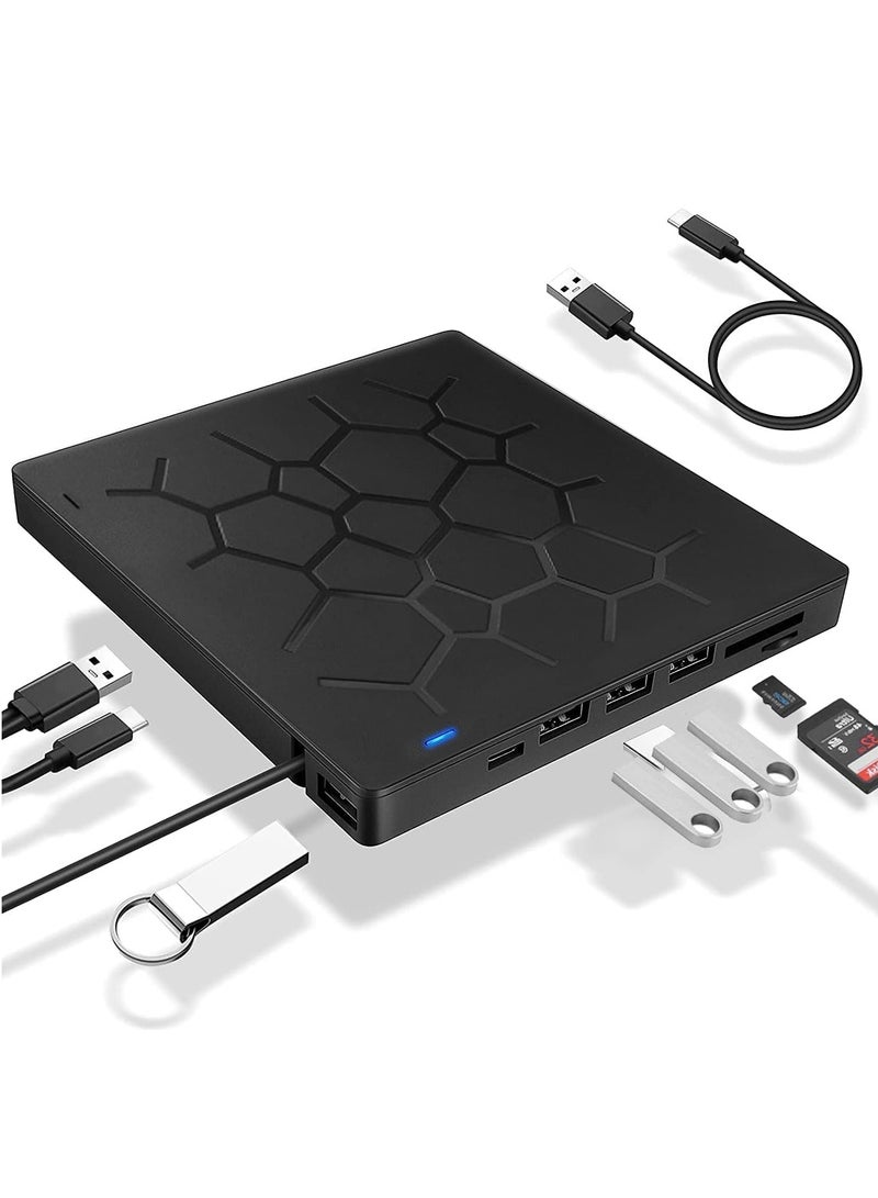 Captaintech External DVD Drive USB 3.0 CD DVD Burner for Laptop Type-C CD/DVD  Optical Disk Drive with 4 USB Ports and 2 SD Card Slots Ultra Slim for Mac PC Windows 11/10/8/7 Linux OS - Image 1