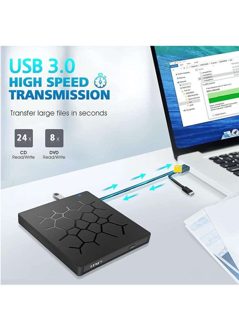 Captaintech External DVD Drive USB 3.0 CD DVD Burner for Laptop Type-C CD/DVD  Optical Disk Drive with 4 USB Ports and 2 SD Card Slots Ultra Slim for Mac PC Windows 11/10/8/7 Linux OS - Image 2