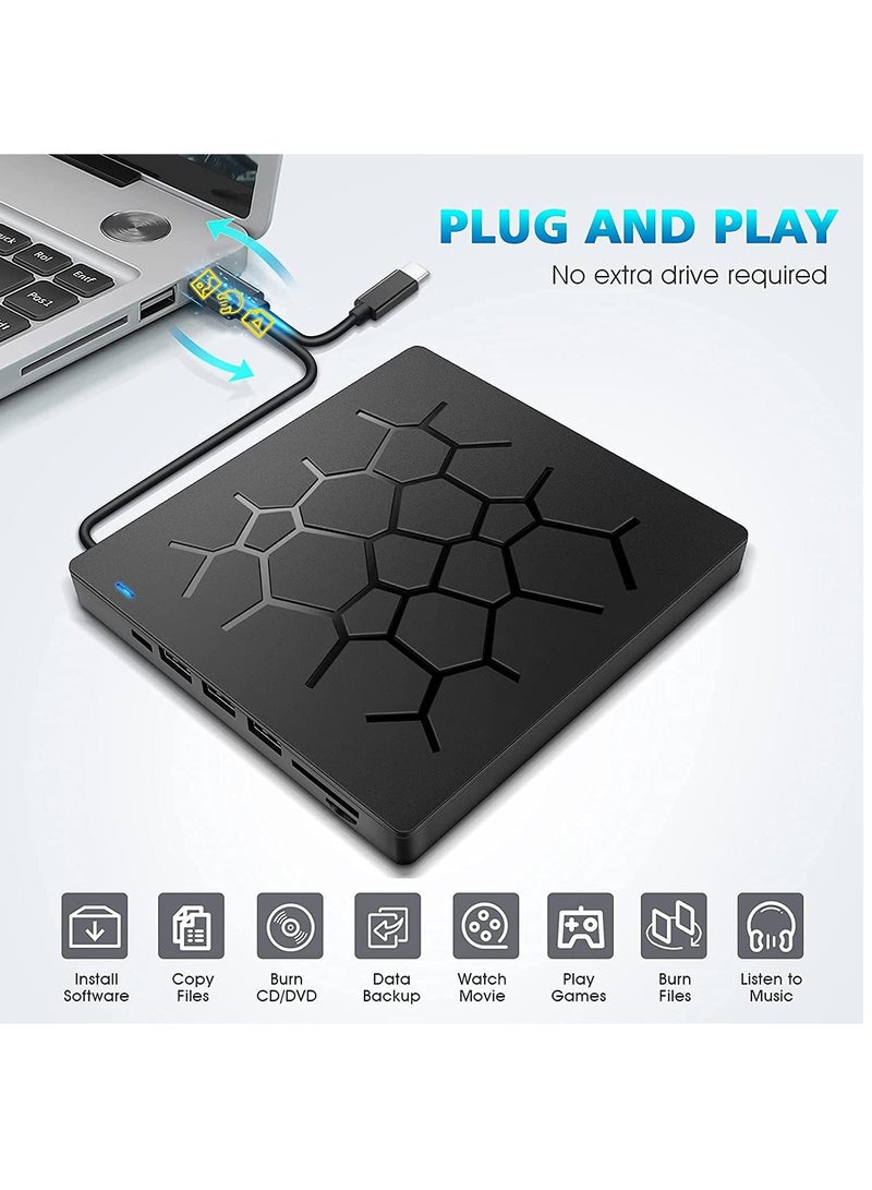 Captaintech External DVD Drive USB 3.0 CD DVD Burner for Laptop Type-C CD/DVD  Optical Disk Drive with 4 USB Ports and 2 SD Card Slots Ultra Slim for Mac PC Windows 11/10/8/7 Linux OS - Image 3