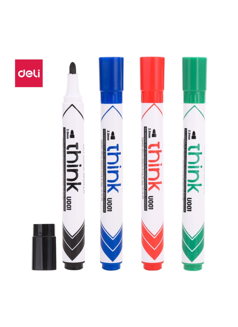 Deli Deli EU00101 THINK Whiteboard Marker, Fiber Conial Tip 2.0mm – Assorted Colors (Red/Blue/Black/Green), 4PCS/Blister Card – Easy to Erase, Low Odor, Non-Toxic Ink  - Image 1