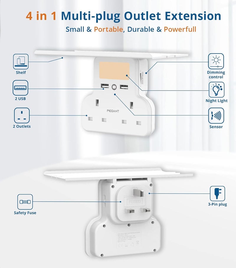 PEGANT Multi Plug Extension Power Adapter With 2 USB, Night Light and Shelf, 2-Way Wall Charger Electrical Extender Outlet Adaptor, Socket Charging Station for Home, Office, Kitchen - Image 4