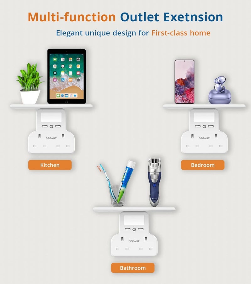 PEGANT Multi Plug Extension Power Adapter With 2 USB, Night Light and Shelf, 2-Way Wall Charger Electrical Extender Outlet Adaptor, Socket Charging Station for Home, Office, Kitchen - Image 3