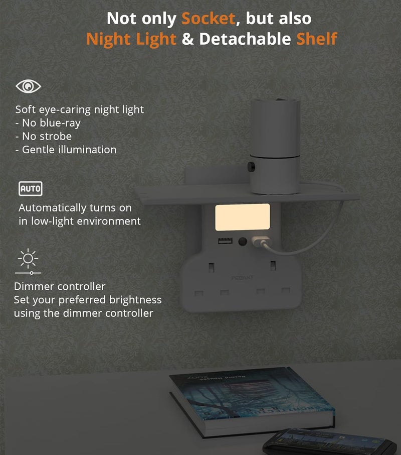PEGANT Multi Plug Extension Power Adapter With 2 USB, Night Light and Shelf, 2-Way Wall Charger Electrical Extender Outlet Adaptor, Socket Charging Station for Home, Office, Kitchen - Image 5