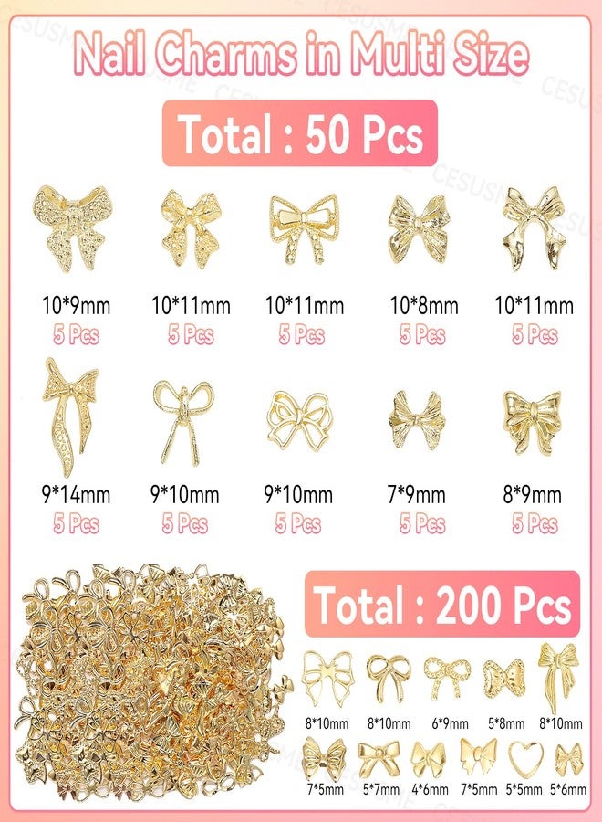 CESUSME 250 Pcs Gold Bow Nail Charms, 10 Styles 3D Golden Nail Bows Charms, Heart Bowknots Nail Art Studs, Gold Alloy Bowknot Charms for Nail Art Supplies DIY Accessories - Image 2