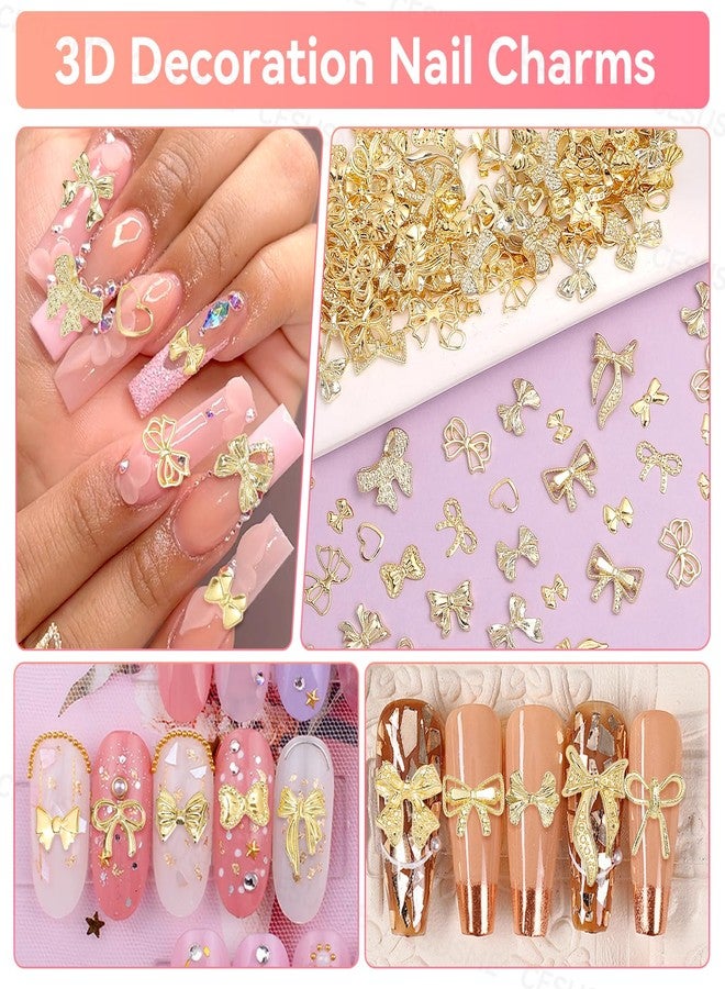 CESUSME 250 Pcs Gold Bow Nail Charms, 10 Styles 3D Golden Nail Bows Charms, Heart Bowknots Nail Art Studs, Gold Alloy Bowknot Charms for Nail Art Supplies DIY Accessories - Image 5