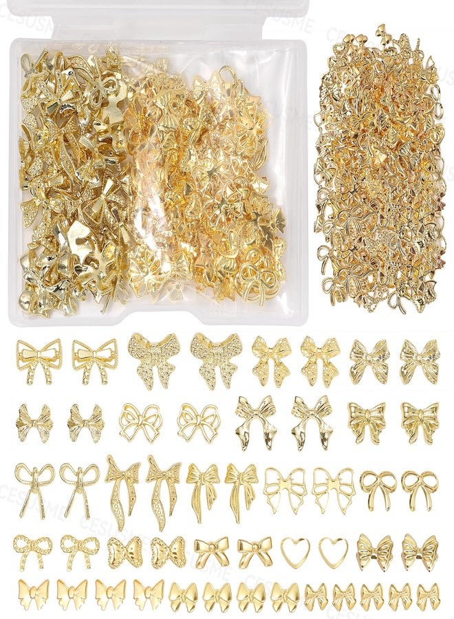 CESUSME 250 Pcs Gold Bow Nail Charms, 10 Styles 3D Golden Nail Bows Charms, Heart Bowknots Nail Art Studs, Gold Alloy Bowknot Charms for Nail Art Supplies DIY Accessories - Image 1