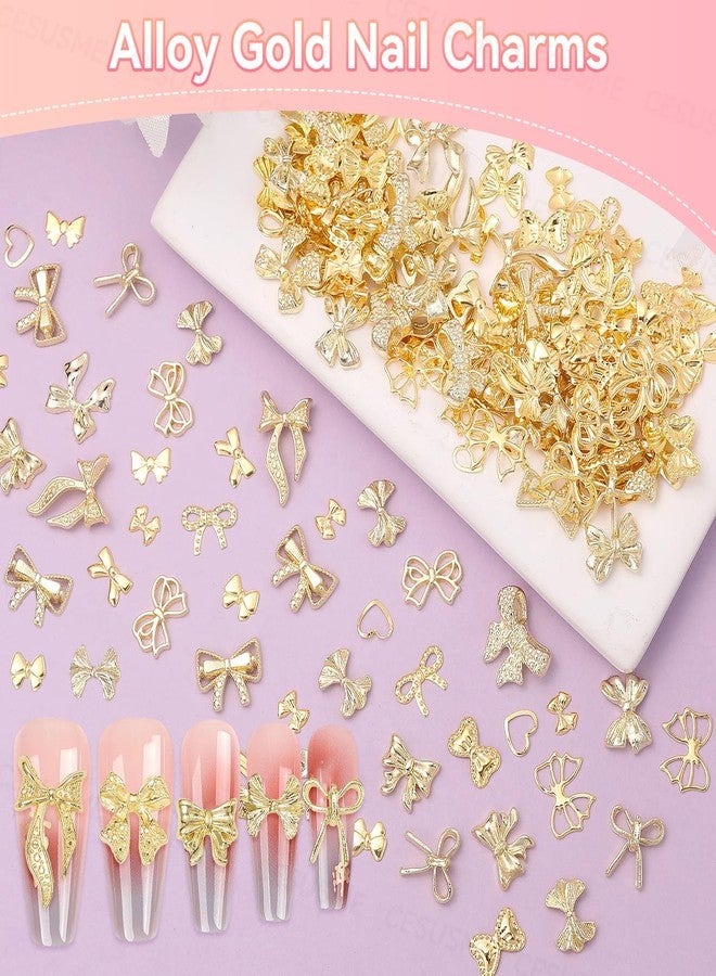 CESUSME 250 Pcs Gold Bow Nail Charms, 10 Styles 3D Golden Nail Bows Charms, Heart Bowknots Nail Art Studs, Gold Alloy Bowknot Charms for Nail Art Supplies DIY Accessories - Image 3