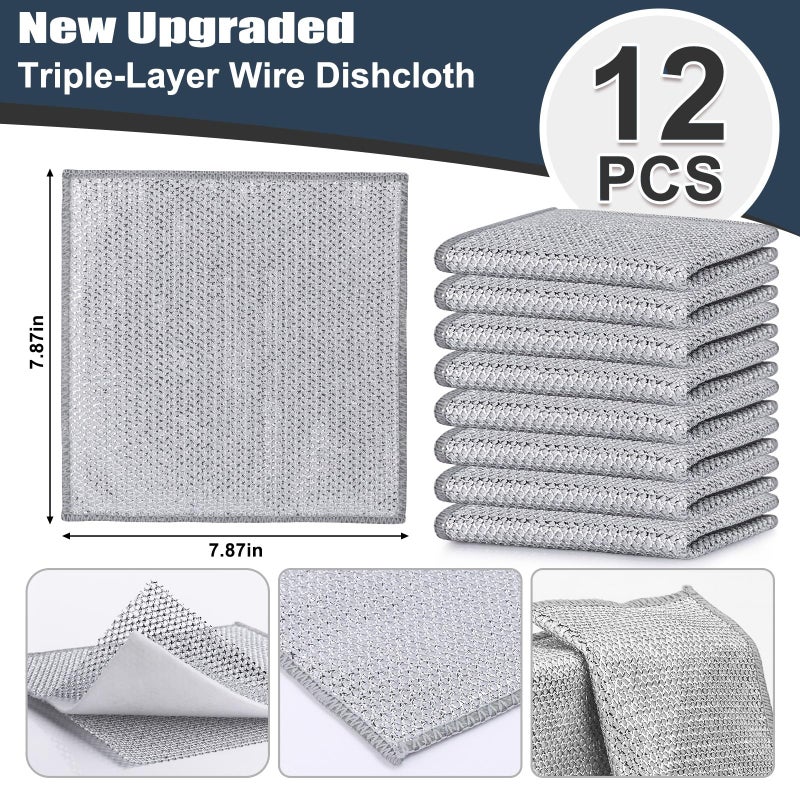 Navona 12 Pcs New Upgrade Steel Wire Dishcloth,Triple-Layer Steel Wire Cleaning Cloth,Powerful Cleaning Non-Scratch Wire Dishcloth Rag for Cookware, Sinks, Dishes, Stove Tops - Image 2