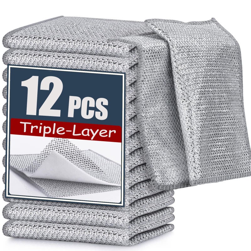 Navona 12 Pcs New Upgrade Steel Wire Dishcloth,Triple-Layer Steel Wire Cleaning Cloth,Powerful Cleaning Non-Scratch Wire Dishcloth Rag for Cookware, Sinks, Dishes, Stove Tops - Image 1