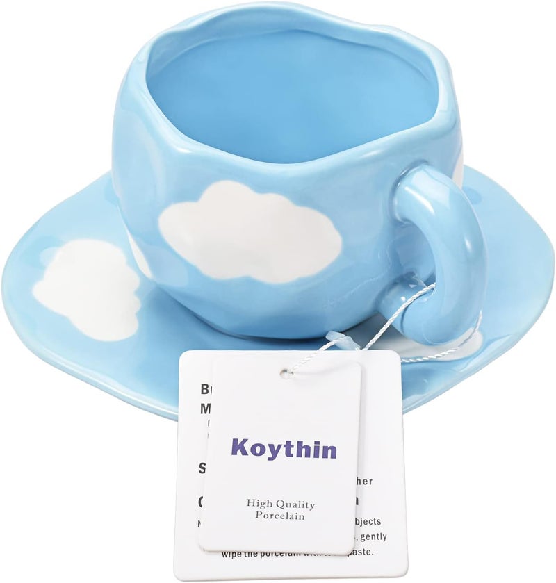 Koythin Ceramic Coffee Mug with Saucer Set, Cute Cloud Coffee Mug and Cup for Office and Home, Blue Sky and White Clouds Cups, 10 oz/300 ml for Latte Tea Milk - Image 3