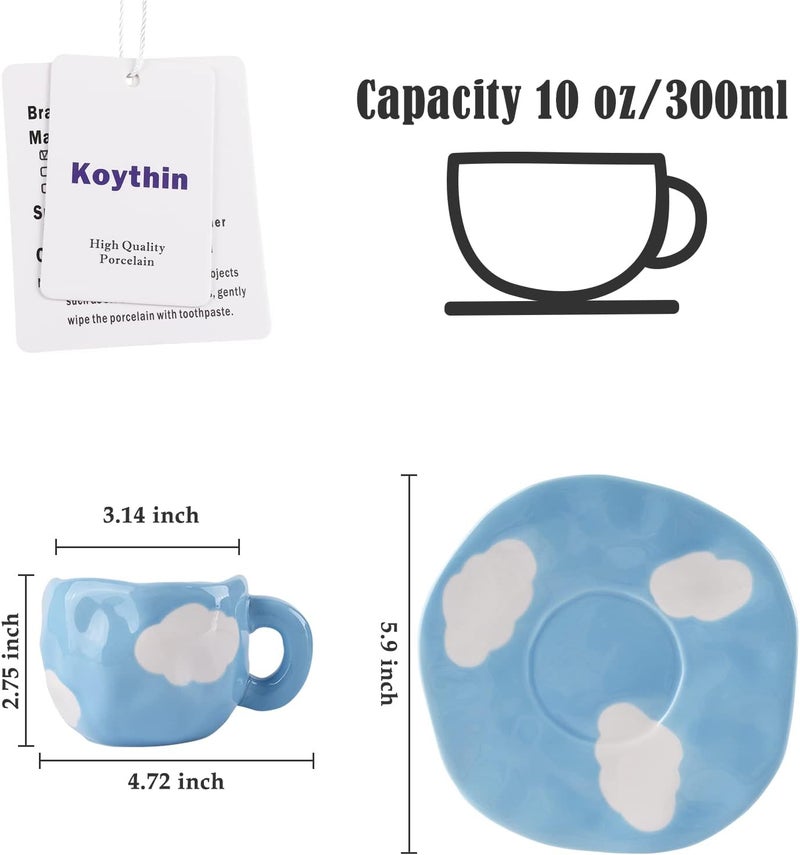 Koythin Ceramic Coffee Mug with Saucer Set, Cute Cloud Coffee Mug and Cup for Office and Home, Blue Sky and White Clouds Cups, 10 oz/300 ml for Latte Tea Milk - Image 2