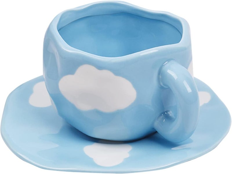 Koythin Ceramic Coffee Mug with Saucer Set, Cute Cloud Coffee Mug and Cup for Office and Home, Blue Sky and White Clouds Cups, 10 oz/300 ml for Latte Tea Milk - Image 1