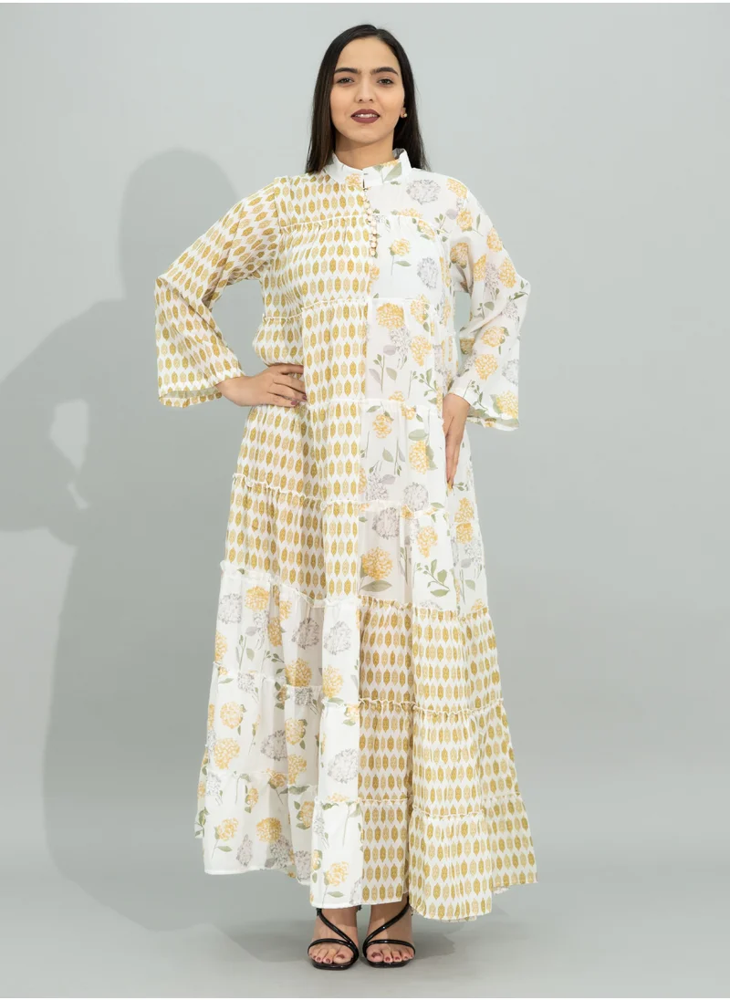 IKKXA Floral Flared Sleeves Pattern Jalabiya CJ1105 Yellow