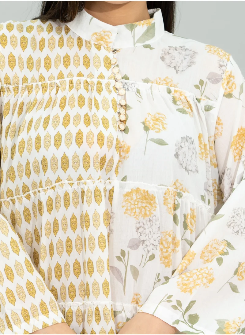 IKKXA Floral Flared Sleeves Pattern Jalabiya CJ1105 Yellow