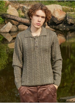 Campus Sutra Men's Olive Green Braid-Knit Collared Sweater  - Image 2