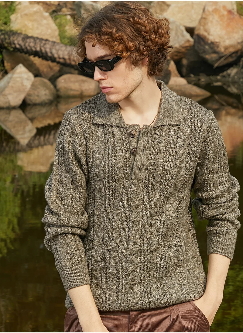 Campus Sutra Men's Olive Green Braid-Knit Collared Sweater