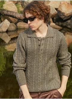 Campus Sutra Men's Olive Green Braid-Knit Collared Sweater  - Image 1