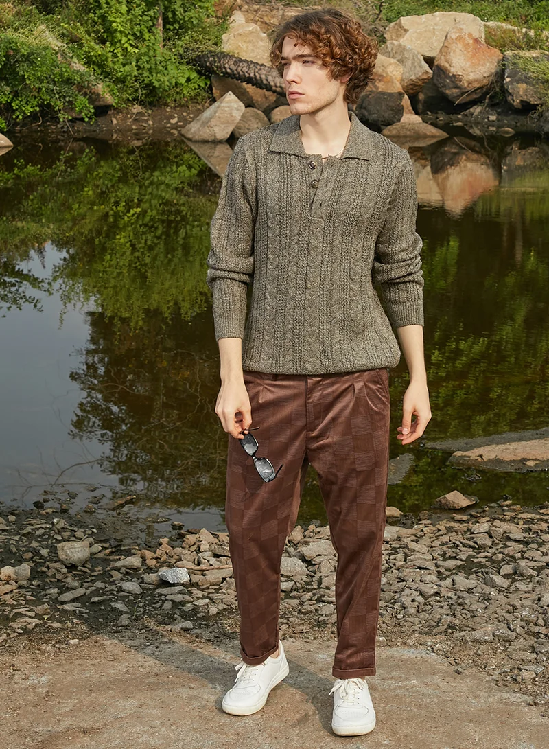 كامبوس سوترا Men's Olive Green Braid-Knit Collared Sweater