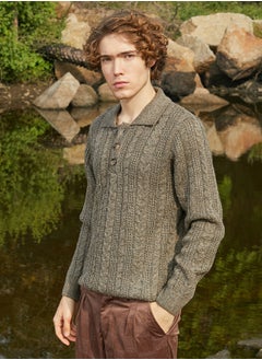 Campus Sutra Men's Olive Green Braid-Knit Collared Sweater  - Image 3