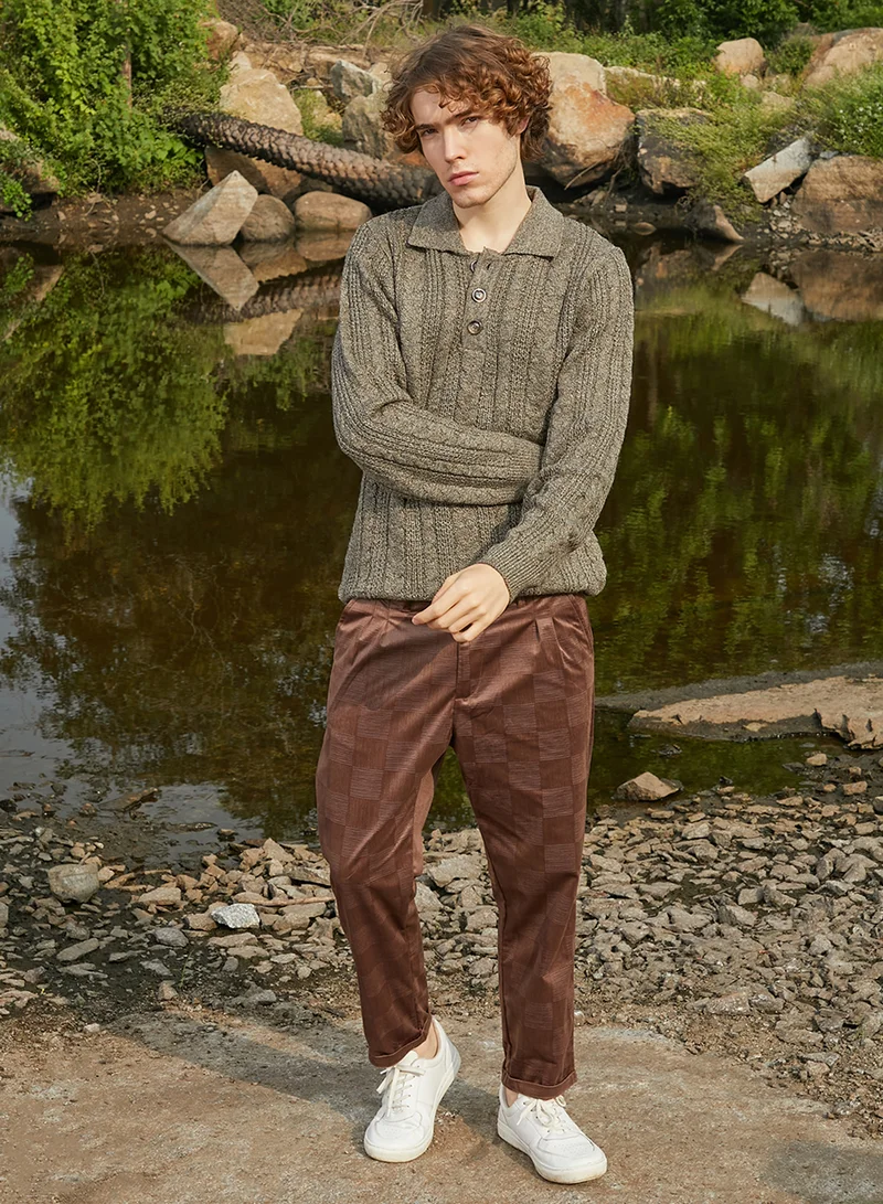 كامبوس سوترا Men's Olive Green Braid-Knit Collared Sweater