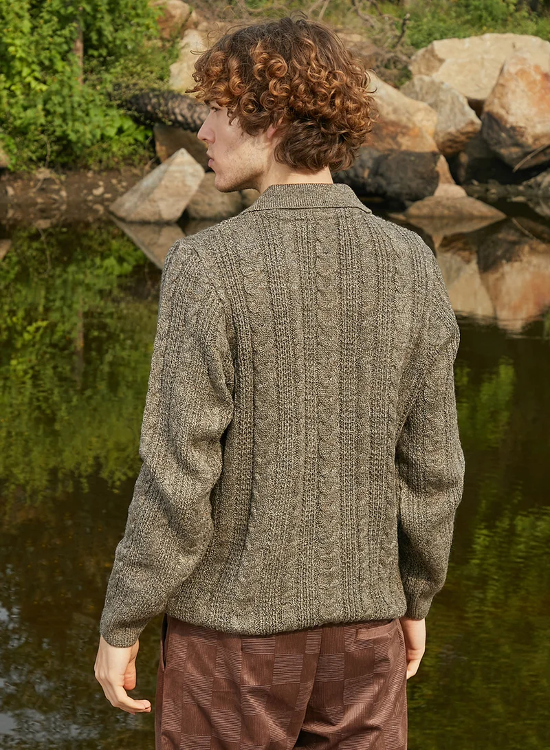 كامبوس سوترا Men's Olive Green Braid-Knit Collared Sweater