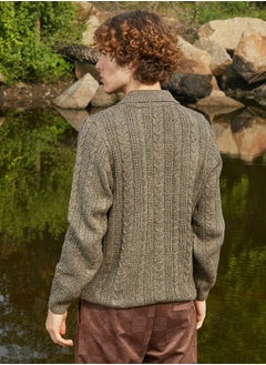 Campus Sutra Men's Olive Green Braid-Knit Collared Sweater  - Image 5