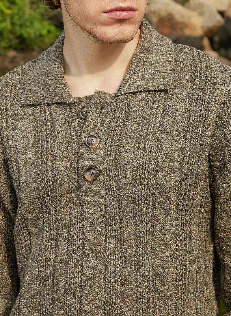كامبوس سوترا Men's Olive Green Braid-Knit Collared Sweater