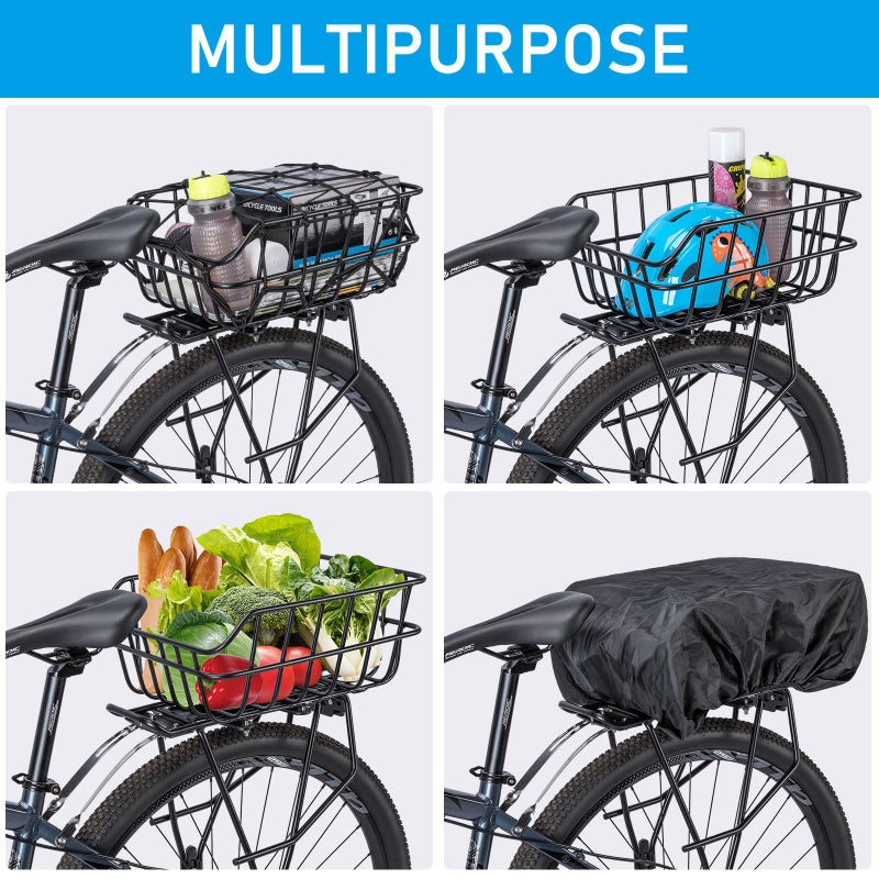 CXWXC Rear Bike Basket - Bicycle Rear Basket with Cargo Net and Waterproof Cover - Rear Mount Aluminium Bike Basket Large Capacity - Image 4