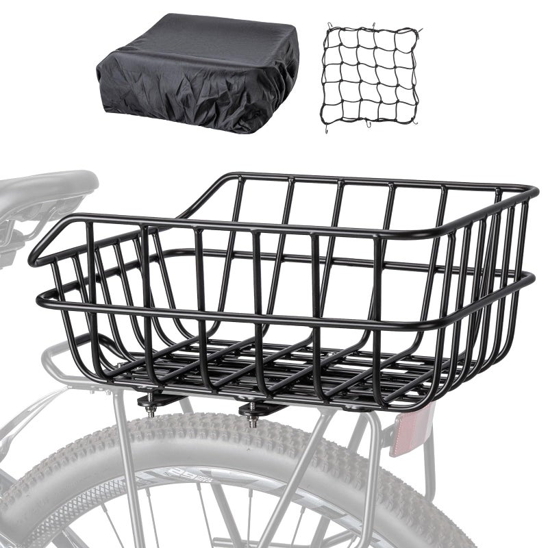 CXWXC Rear Bike Basket - Bicycle Rear Basket with Cargo Net and Waterproof Cover - Rear Mount Aluminium Bike Basket Large Capacity - Image 1