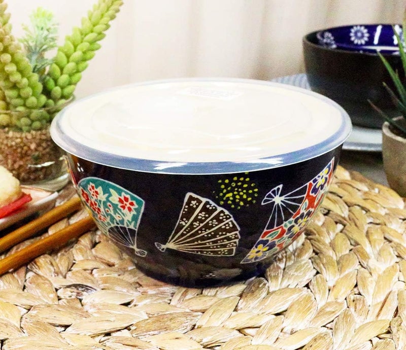 Ebros Gift Ebros Pack Of 2 Ceramic Lunch or Dinner Food Bowls With Airtight Storage Lid 6Dia 3 Cups Size Take Out To Go Diet Meal Planning Refrigerator Microwave Dishwasher Safe Colorful Oriental Fans - Image 2