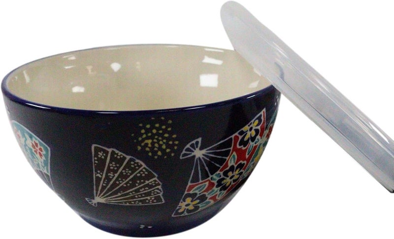 Ebros Gift Ebros Pack Of 2 Ceramic Lunch or Dinner Food Bowls With Airtight Storage Lid 6Dia 3 Cups Size Take Out To Go Diet Meal Planning Refrigerator Microwave Dishwasher Safe Colorful Oriental Fans - Image 3