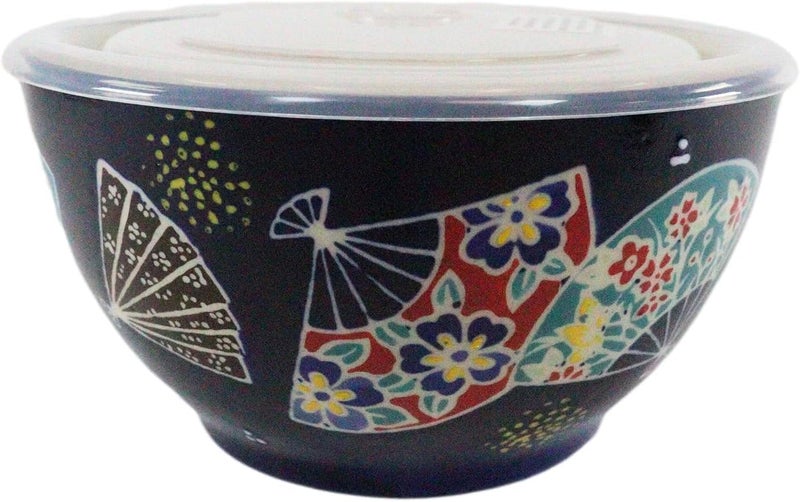 Ebros Gift Ebros Pack Of 2 Ceramic Lunch or Dinner Food Bowls With Airtight Storage Lid 6Dia 3 Cups Size Take Out To Go Diet Meal Planning Refrigerator Microwave Dishwasher Safe Colorful Oriental Fans - Image 1