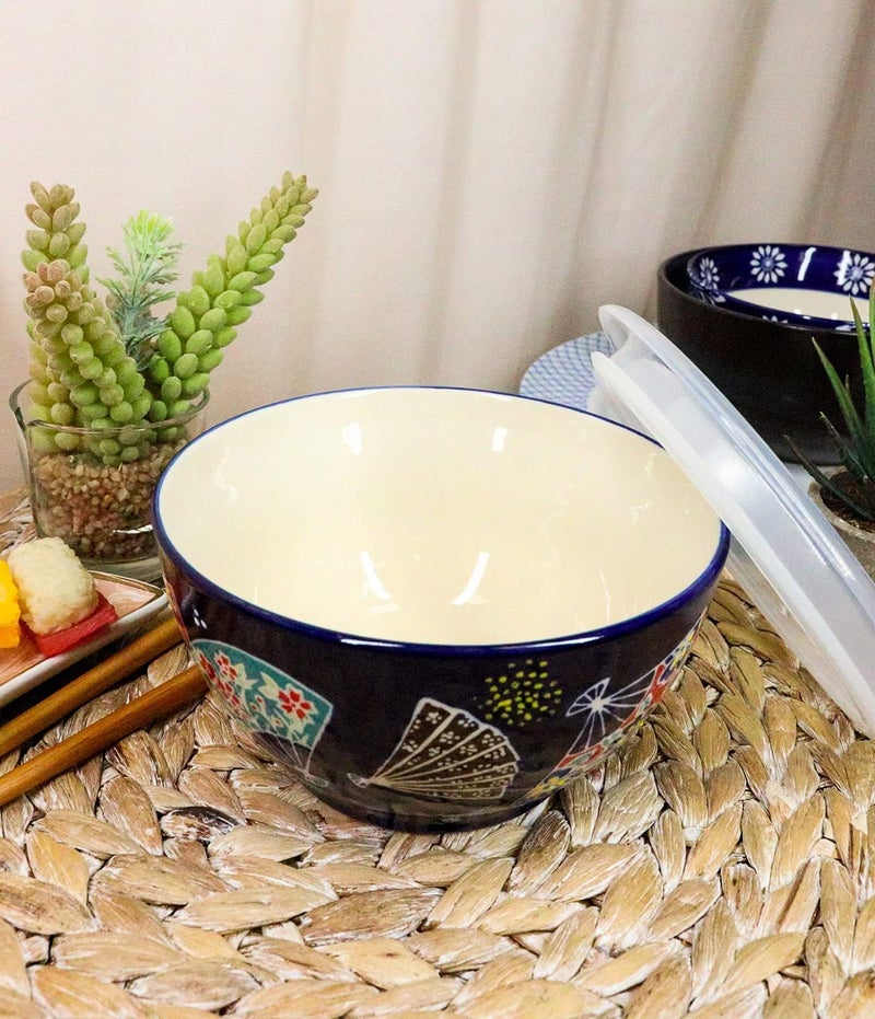 Ebros Gift Ebros Pack Of 2 Ceramic Lunch or Dinner Food Bowls With Airtight Storage Lid 6Dia 3 Cups Size Take Out To Go Diet Meal Planning Refrigerator Microwave Dishwasher Safe Colorful Oriental Fans - Image 5